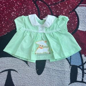 VINTAGE COTTON CANDY MINT GREEN LAMB GRAPHIC FRILLY SHIRT SIZE 0/6 MONTHS